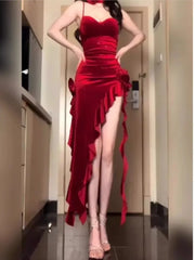 LIZAKOSHT - Sexy Bodycon Irregular Ruffles Velvet Red Dresses for Women Spaghetti Strap Evening Party Dress Autumn High Split Vestidos New