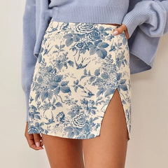 LIZAKOSHT - High Waist Chiffon Harajuku Back Zipper Female Mini Skirts Summer 2024 Blue Floral Print Women A-Line Skirts Streetwear Elegant