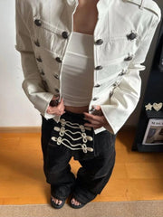 LIZAKOSHT - Retro Palace Style White Short Jacket Women Y2k Stand Collar Metal Button Row Petite Slim Fit Jacket Streetwear Casual Coat 2027