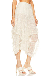 LIZAKOSHT - Black White Sexy Asymmetrical Hem Ruffle High Waist Lace Skirt Summer Women A-Line Midi Long Skirt