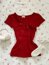 LIZAKOSHT - New Year Red Sweet Outfit Lace Korean-Style Elegant Bow Short-Sleeve T-Shirt Women New Casual Slim Fit Waist Tops Spring