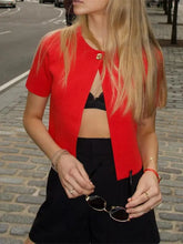 LIZAKOSHT - Women's Solid Chic Round Neck Knitted Cardigan Sexy Single Button Short Sleeves Slimming Tops 2024 Fashion Casual Lady Outerwear