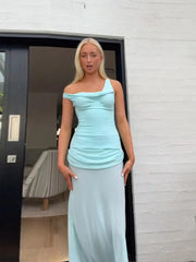 LIZAKOSHT - Fashion Solid Draped Long Dress For Women V-neck Sleeveless Transparent Robe 2025 Summer Elegant Female Evening Party Dresses