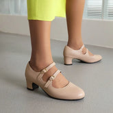 Lizakosht New Fashion Women's Mary Jane Shoes Gril Sweet Round Toe Med Heels Spring Autumn Double Buckle Strap Pumps Large Size 34-43
