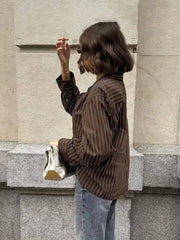 LIZAKOSHT - Striped Shirt Women Casual Loose Single Breasted Turn-down Collar Blouse 2025 New Summer Office Lady Simple Long Sleeve Shirts