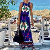 LIZAKOSHT  -  Elegant O-neck Sleeveless Bohemian Dress Women Fashion Waist Long Party Dresses 2025 Summer Vintage Pattern Printed Beach Dress