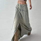 LIZAKOSHT - Denim Long Skirts Slit Lace Up High Waist Women Vintage Elegant Sexy Summer Streetwear Classic Y2k Girls Fashion European Style