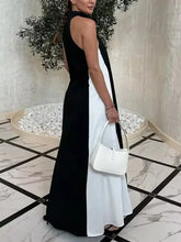 LIZAKOSHT - Korean Fashion Black White Color High Neck A-line Dress Women Summer Sleeveless Elegant Party Evening Dresses New