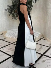 LIZAKOSHT - Korean Fashion Black White Color High Neck A-line Dress Women Summer Sleeveless Elegant Party Evening Dresses New