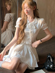 LIZAKOSHT - Y2K Two-piece Skirt Set Women Puff Sleeve Kawaii Shirt Ruffles A-line Lace Mini Skirt Korean Fashion Casual Summer Solid Suit