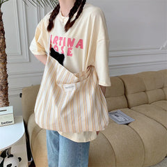 LIZAKOSHT - High-capacity Contrast Color Striped Crossbody Bag Women Canvas All Match Casual Handbags Japanese Sweet Simple Y2k Tote Bags