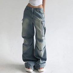 LIZAKOSHT  -  Cargo Pants Multiple Pockets Low Waist Baggy Wide Leg Women Casual Oversized Straight Jeans Streetwear Trousers