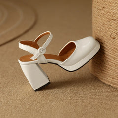 Lizakosht Square Toe Sandals for Women Summer Mature Retro Block Heels Platform Buckle Strap Tacon Cuadrado Party Dating Shoes 33-46