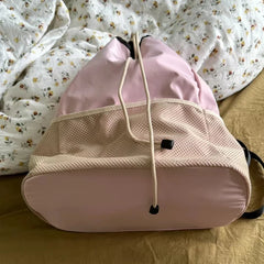 LIZAKOSHT - Patchwork Drawstring Y2k Aesthetic Schoolbag Simple All Match Nylon Leather Shoulder Bag Preppy Casual Korean Students Backpacks
