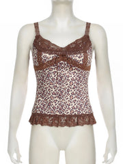 LIZAKOSHT - Sexy Leopard Print Patchwork Lace Vest Sleeveless Streetwear Aesthetic Camis Harajuku Slim 2000s Tops Grunge Fairycore