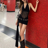 LIZAKOSHT  -  Halter V Neck Mesh Patchwork Skinny Y2k Nightclub Women Short Dress Open Back Sleeveless Summer Bodycon Streetwear Vestidos