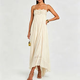 LIZAKOSHT - Sexy Off Shoulder Silk Suspender Dress Elegant Lace Embroidery Splice Party Dress Lady Fashion Sleeveless Pleat Solid Long Dress