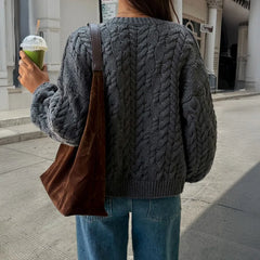 LIZAKOSHT - Women Round Neck Cable Knit Cardigan Long Sleeve Button Front Cropped Sweater Coat Casual Autumn Outerwear