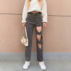 LIZAKOSHT - Women High Waist Denim Summer Pants 2024 Indie Aesthetics Heart Shape Hollow Out Baggy Jeans Y2k Streetwear Trousers 90s Clothes