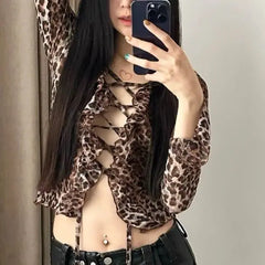 LIZAKOSHT - Tops High Quality Leopard Mesh Chiffon Lace-Up V Neck Long Flare Sleeve Print T-Shirt Blouse Femme Women Fashion Loose Tops