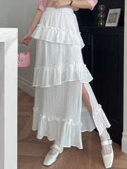 Lizakosht White Black Long Skirt Womens Maxi Skirt Goth Lolita Summer Side Jag High Waisted Asymmetrical High Low Ruched Ruffle Skirts rok