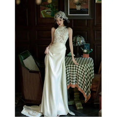 LIZAKOSHT - Flower Fairy French Satin Flower Princess Bridal Tail Wedding Dress Wedding Toast Dress Morning Robe