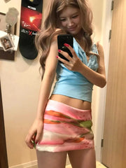 LIZAKOSHT - Y2k Aesthetic Mini A-Line Skirt Pink Printing Streetwear Saldas Mujer Moda 2024 Harajuku Zipper Grunge Skirts Women Summer Saia