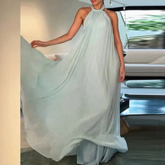 LIZAKOSHT - Chiffon Big Hem Party Dress Women Elegant Hollow Backless Full Length Maxi Dress Chic Draped Solid New Evening Dress Luxury