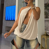 LIZAKOSHT - Sexy Irregular Big Swinging Collar Draped Women's Pure Color Sleeveless Fashion Halter Tops Hot Summer Nightclub Streetwear
