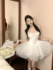 LIZAKOSHT - Sexy and Sweet Birthday Dress for Women Fashion Sleeveless Square Neck Corset Slim Flare Puffy Party Dresses Summer Dress White