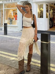 LIZAKOSHT Flower Lace Skirt Women Vintage Ruffle Slit Maxi Party Skirt Faldas Mujer 2024 Fashion New Long Transparent Skirt Bottom