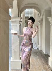 LIZAKOSHT - Purple Cheongsam Dress Women's Summer Chinese Style Off Shoulder Drip Collar Hot Stamping Flower Dress Fashion Female Clothes