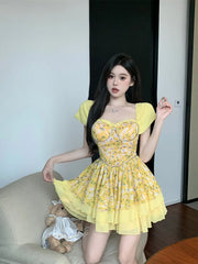 LIZAKOSHT - Sexy Dresses Women Floral Printed Patchwork Chain Ruffles Layered Square Collar Elegant Mini Dress Slim Fashion Female