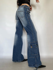 LIZAKOSHT - Vintage Blue Wash Loose Straight Flare Jeans Korean Chic Pockets Slim Denim Y2k Streetwear Low Waist Trousers All-match