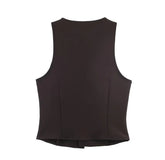 LIZAKOSHT - Vintage Deep Brown Buckle Buttons V neck Waistcoat Women OL Vest Jacket Outfits Casual Vacation Loose Tops