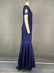 LIZAKOSHT - Korean Fashion Denim Blue Bodycon Long Dresses Women Summer Short Sleeves Buttoned O-Neck Casual Commute Office Dress