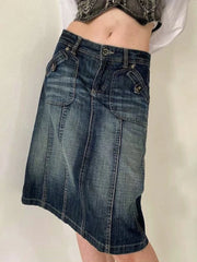 LIZAKOSHT - Vintage Blue Straight Denim Skirt Women American Retro Aesthetic Chic Stitch Cargo Mid Skirts Y2K Streetwear Grunge New
