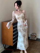 LIZAKOSHT - French Floral Printed Midi Dress Women Autumn New Square Collar Long Sleeve Slim Waist Wrap Hip Clothing Elegant Chic Vestidos