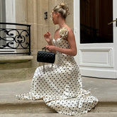 LIZAKOSHT - Summer Weird Puss Polka Dot Print 2 Piece Set Woman 3d Flower Decoration Low-Neck Backless Camisole+Long Skirts Ruched Set