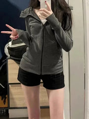 LIZAKOSHT - Fashion Hood for Women Fleece Women Casual Vintage Sweatshirts Solid Slim Long Sleeve Zipper Pockets Autumn Winter Hoodie