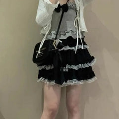 LIZAKOSHT - Harajuku Sweet Lolita A-line Skirt for Women Y2k High Waist Ruched Lace Cake Skirts Summer New Pink Faldas Mujer
