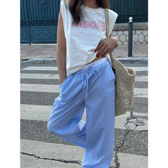 LIZAKOSHT - Striped Pants y2k Clothes Women Casual Patchwork Drawstring Elastic Waist Wide Leg Loose Trousers 2000s Streetwear