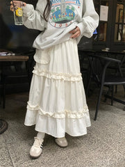 LIZAKOSHT - Wood Ear Edge French Simple Midi Skirt Sweet Women Skirts Spring Summer Elastic Waist A-line Fashion Layer Cake Skirt Tutu Korea