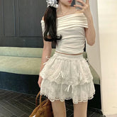 LIZAKOSHT - Coquette Lace Mini Skirt Women White Sweet Bow Kawaii Ruffle Skirts Patchwork Layered Cute A-line Short Skirt Aesthetics