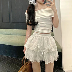 LIZAKOSHT - Coquette Lace Mini Skirt Women White Sweet Bow Kawaii Ruffle Skirts Patchwork Layered Cute A-line Short Skirt Aesthetics