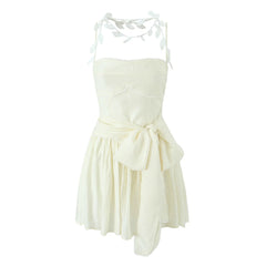 LIZAKOSHT - Women Bow Sashes Party Skater Short Sling Robe Vestido Sexy Beige Ruched Bra Corset style Halter Leaves Tassel Mini Dress