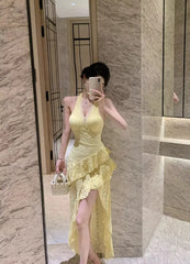 LIZAKOSHT - Dresses Women Elegant Sleeveless Lace Patchwork Irregular Slim Halter Backless Sexy Party Dress Sweet Clubwear Female