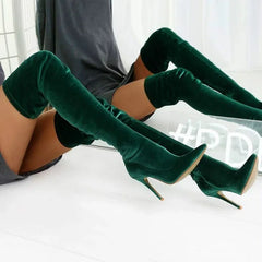 LIZAKOSHT - Women's Boots Green Color Over The Knee Boots Fashion Personality Stiletto Elastic Side Zipper Long Boots Large Size 34-43