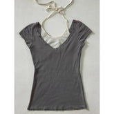LIZAKOSHT - American Vintage Halter Grey Short-sleeved Tops Women Summer Slim Sexy Retro T-shirt Casual Basic Popular Chic Tees