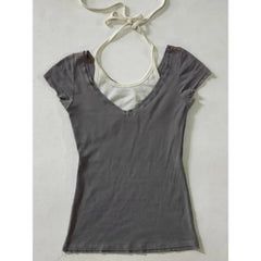 LIZAKOSHT - American Vintage Halter Grey Short-sleeved Tops Women Summer Slim Sexy Retro T-shirt Casual Basic Popular Chic Tees